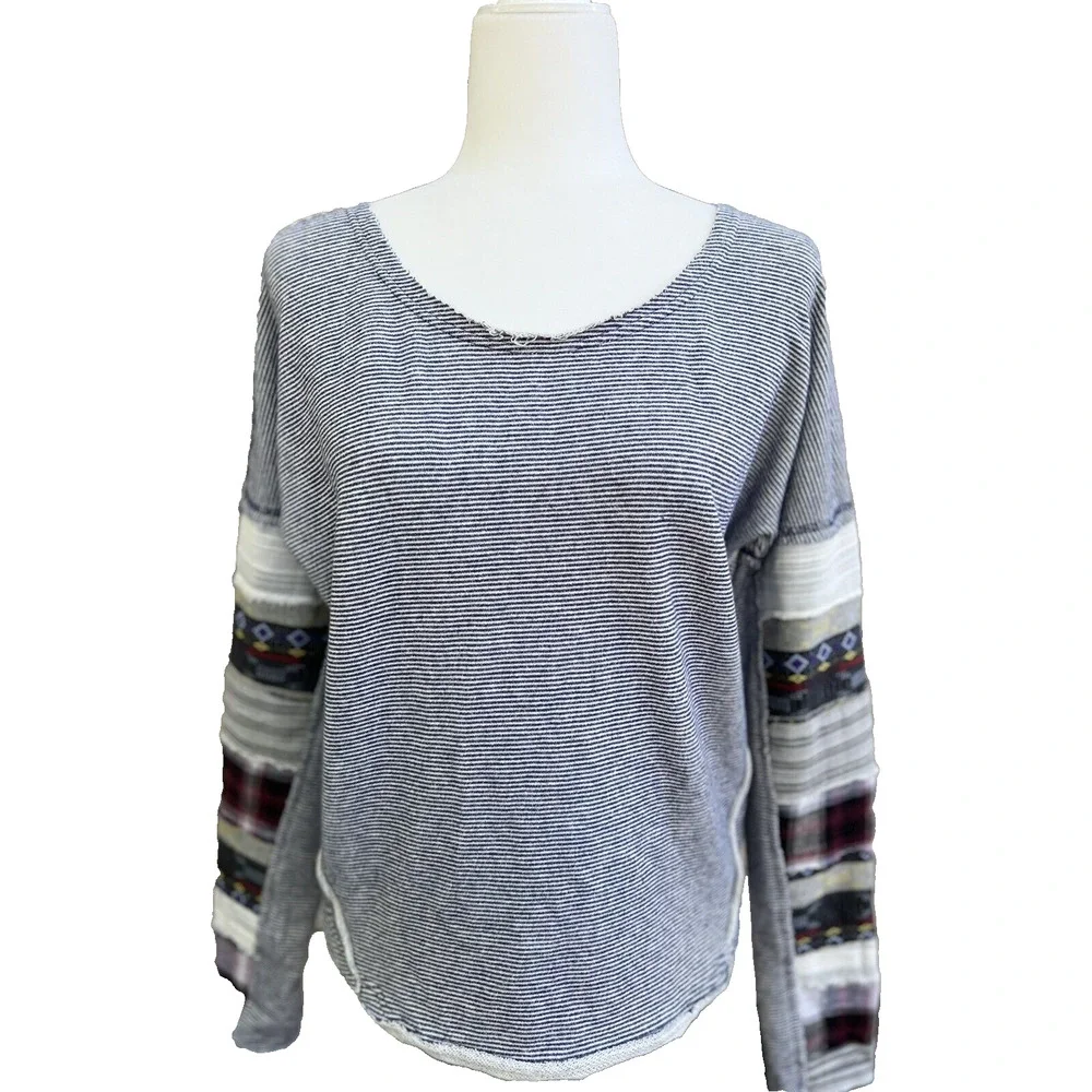 Free people patch work long Sleeve sweater women cotton top pullover XS A000234